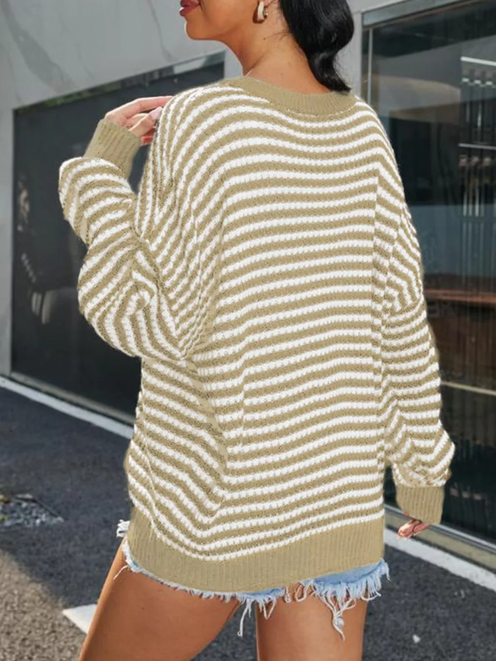 Striped Round Neck Drop Shoulder Sweater, image 8