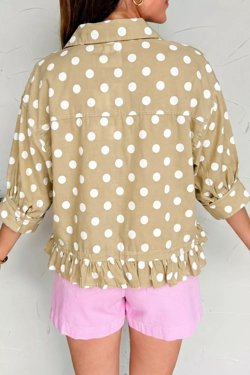 Polka Dot Print Three‑Quarter‑Sleeve Ruffle Hem Casual Shirt, image 9