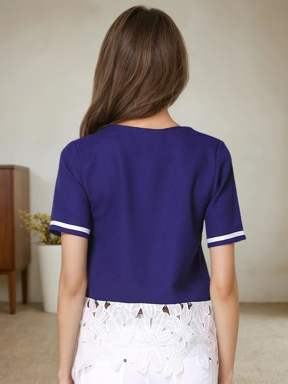 Striped Trim T-Shirt with Lace Hem Detail, image 3