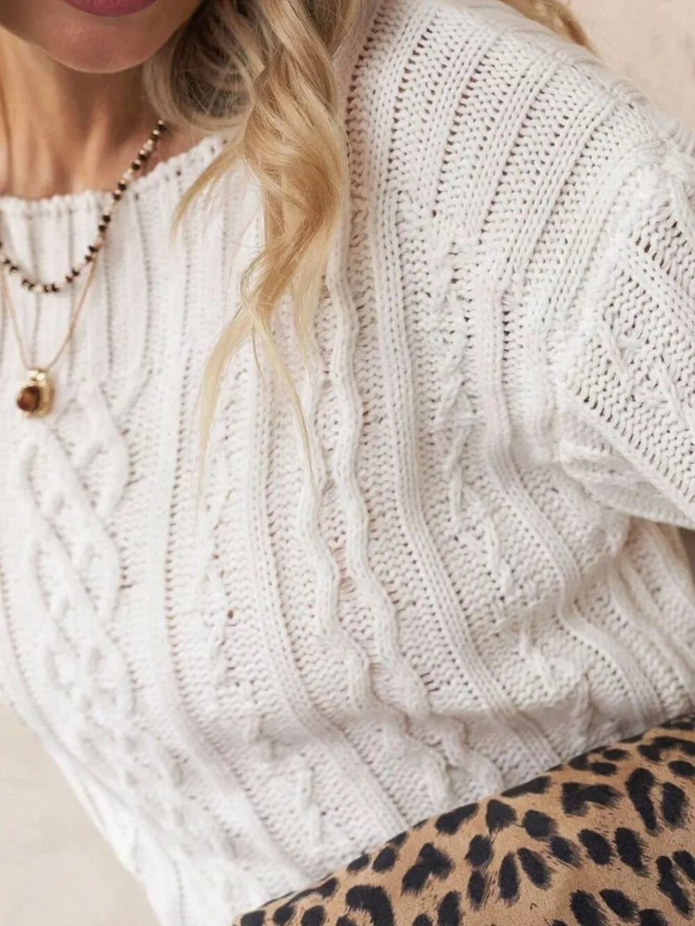 Cable-Knit Round Neck Sweater, image 2