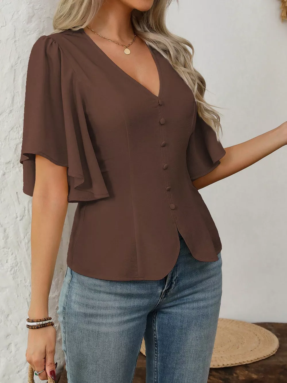 V-Neck Flutter Sleeve Blouse, image 10