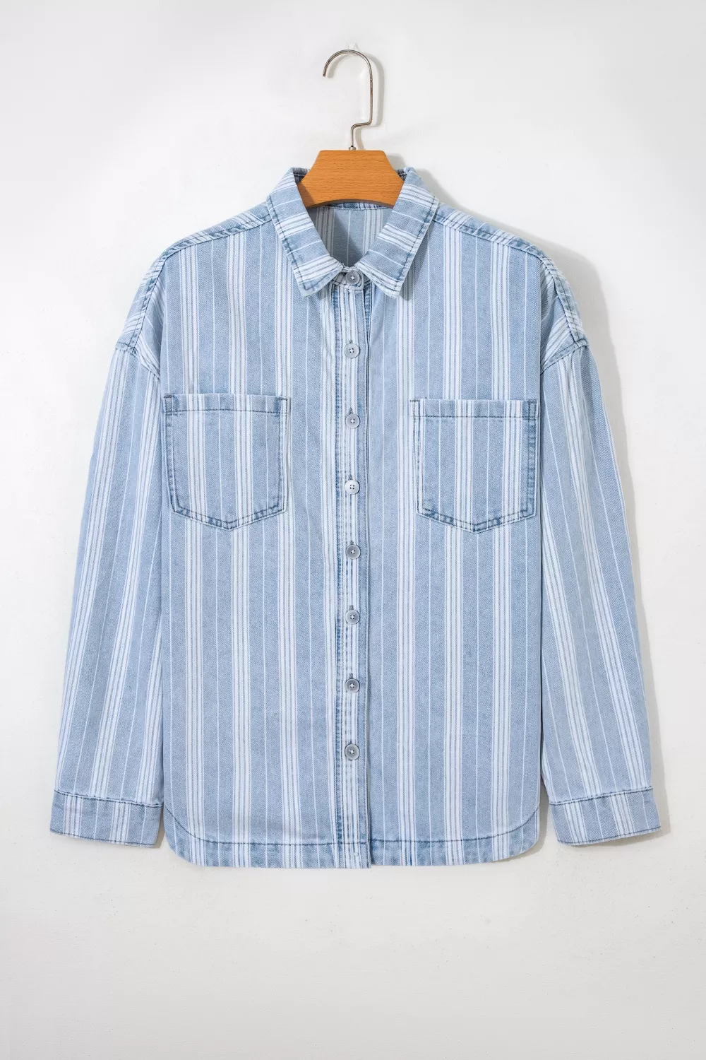 Stripe Boyfriend Chest Pocket Classic Denim Shacket, image 4