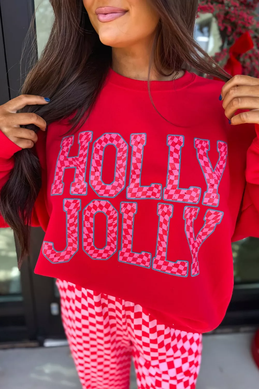 Christmas Slogan Graphic Plaid Contrast Top and Pants Set, image 2