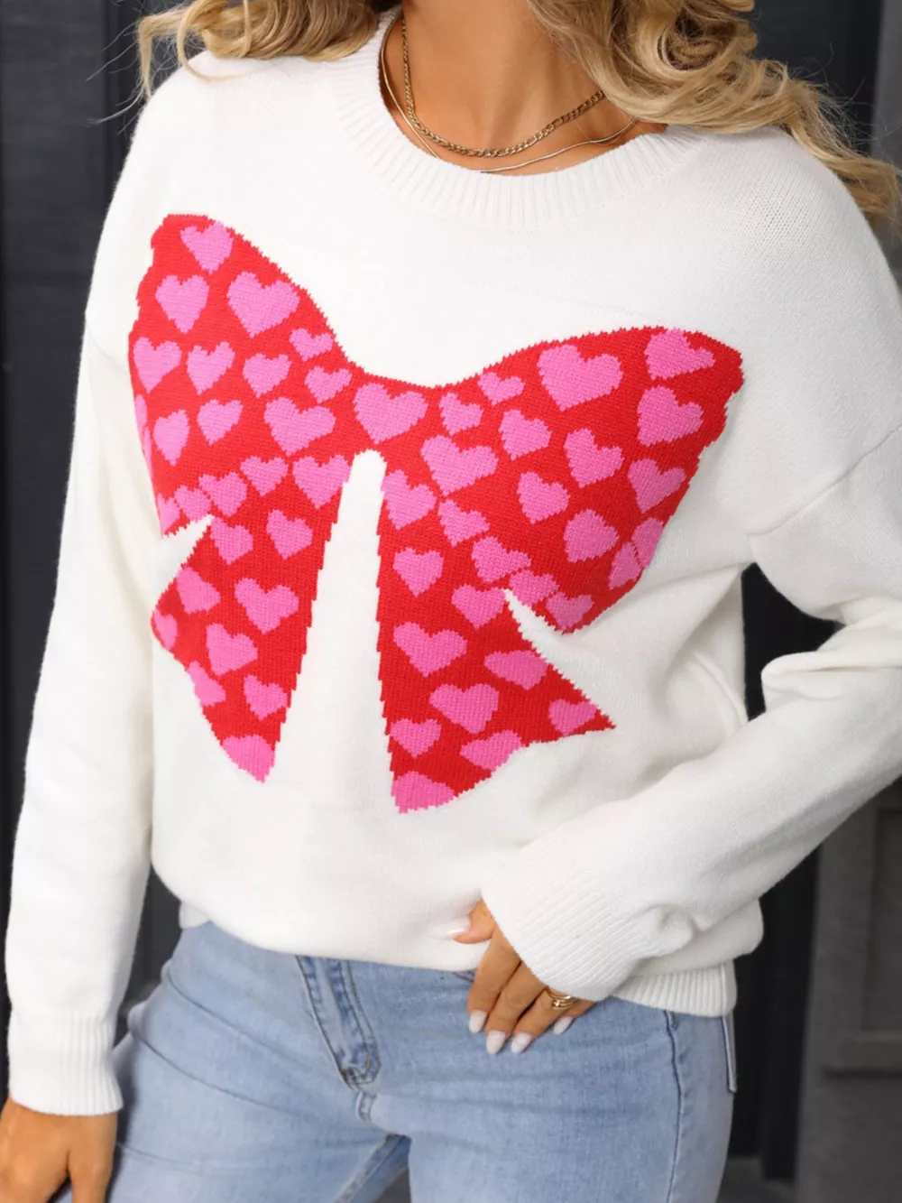Valentine's Day Heart Bow Round Neck Sweater, image 11