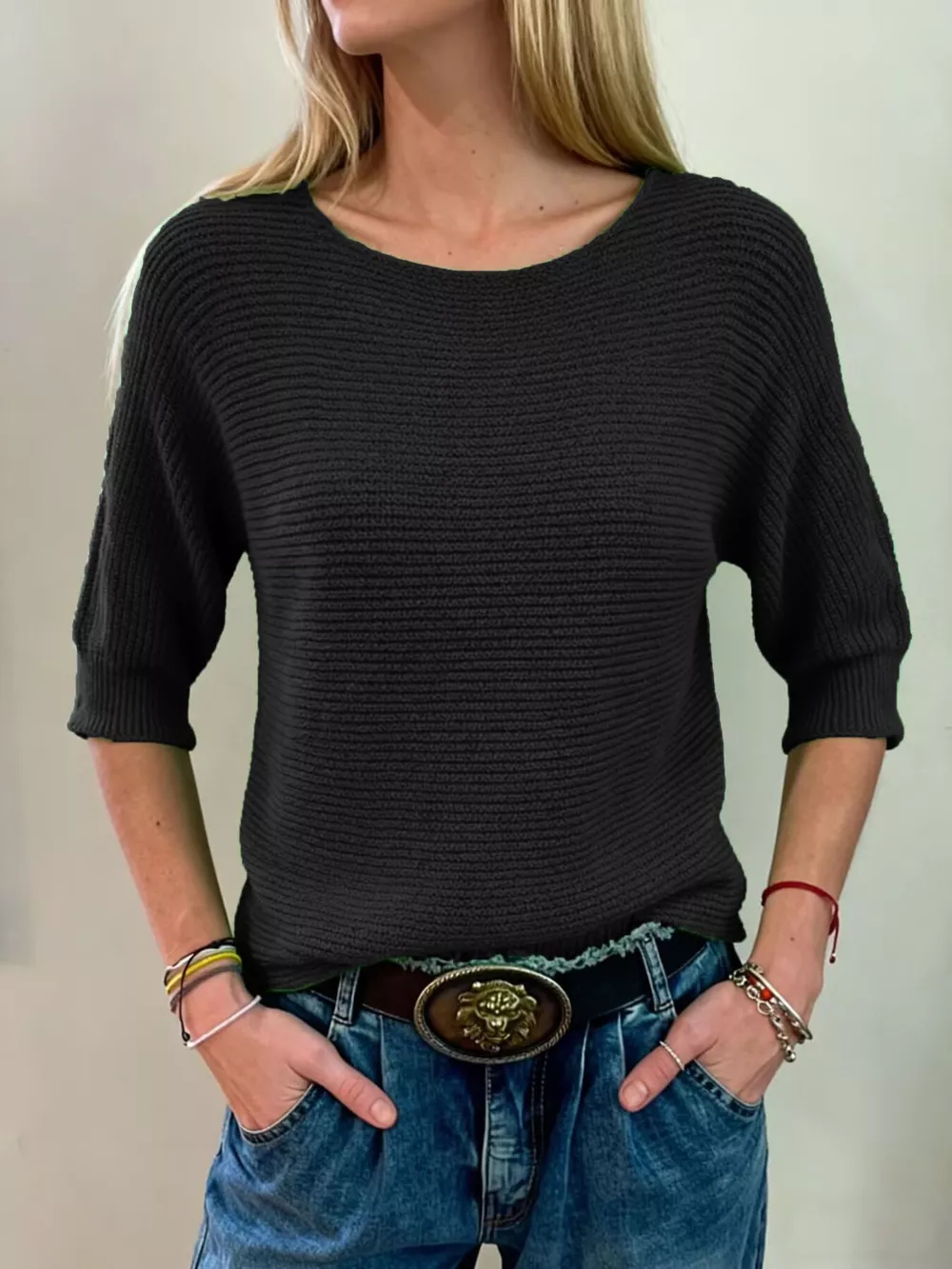 Full Size Ribbed Knit Round Neck Sweater Plus Size