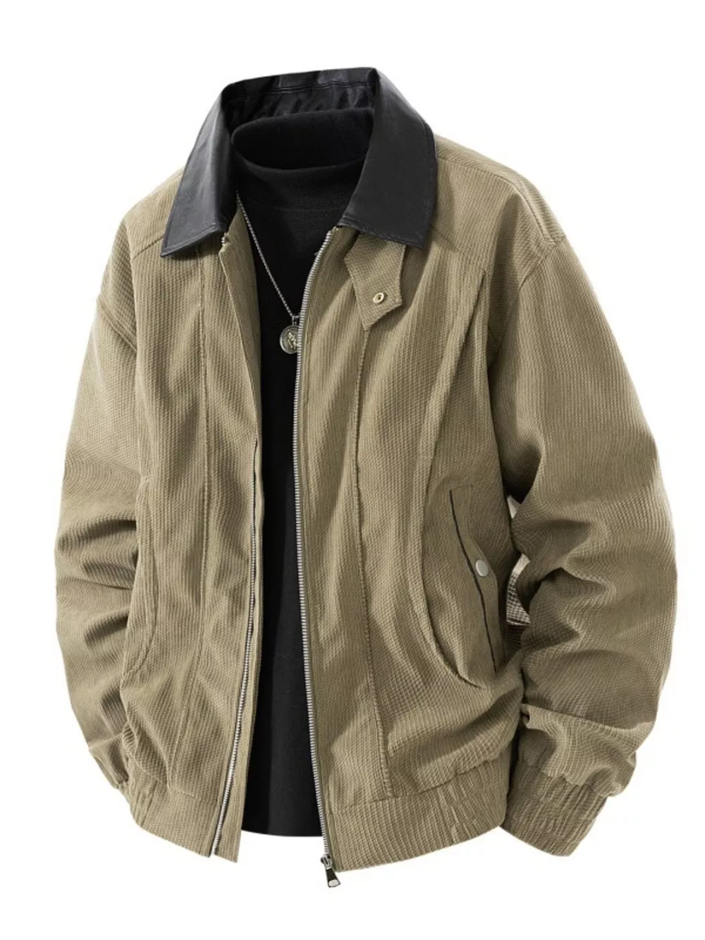 Men's Plus Size Zip Up Corduroy Jacket with Leather Collar, image 4