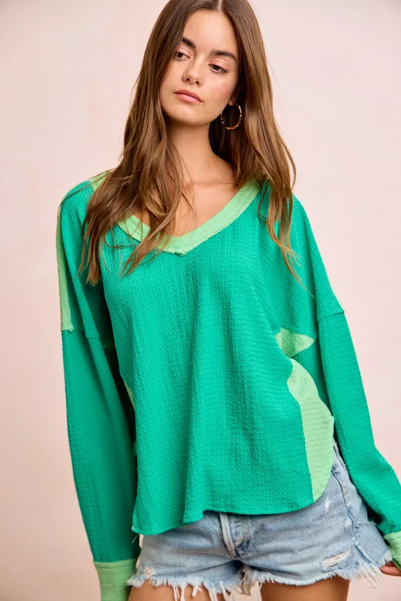 Textured Jersey Color Block Top With Cut Edge, image 8