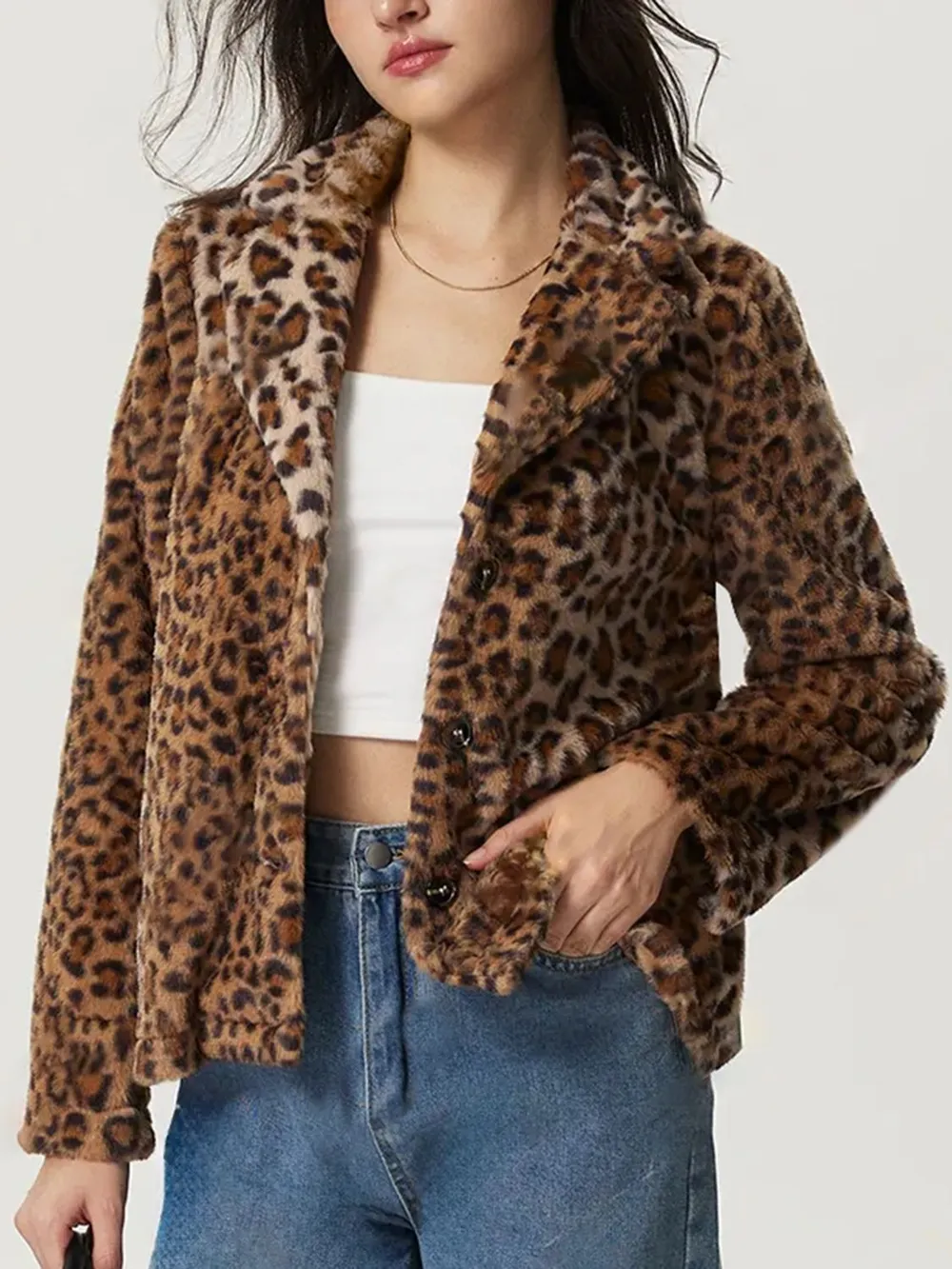 Fuzzy Leopard Collared Neck Jacket, image 3
