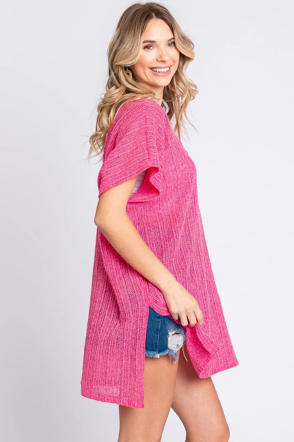 Short Sleeve Side Slit Knit Cover Up Dress, image 3