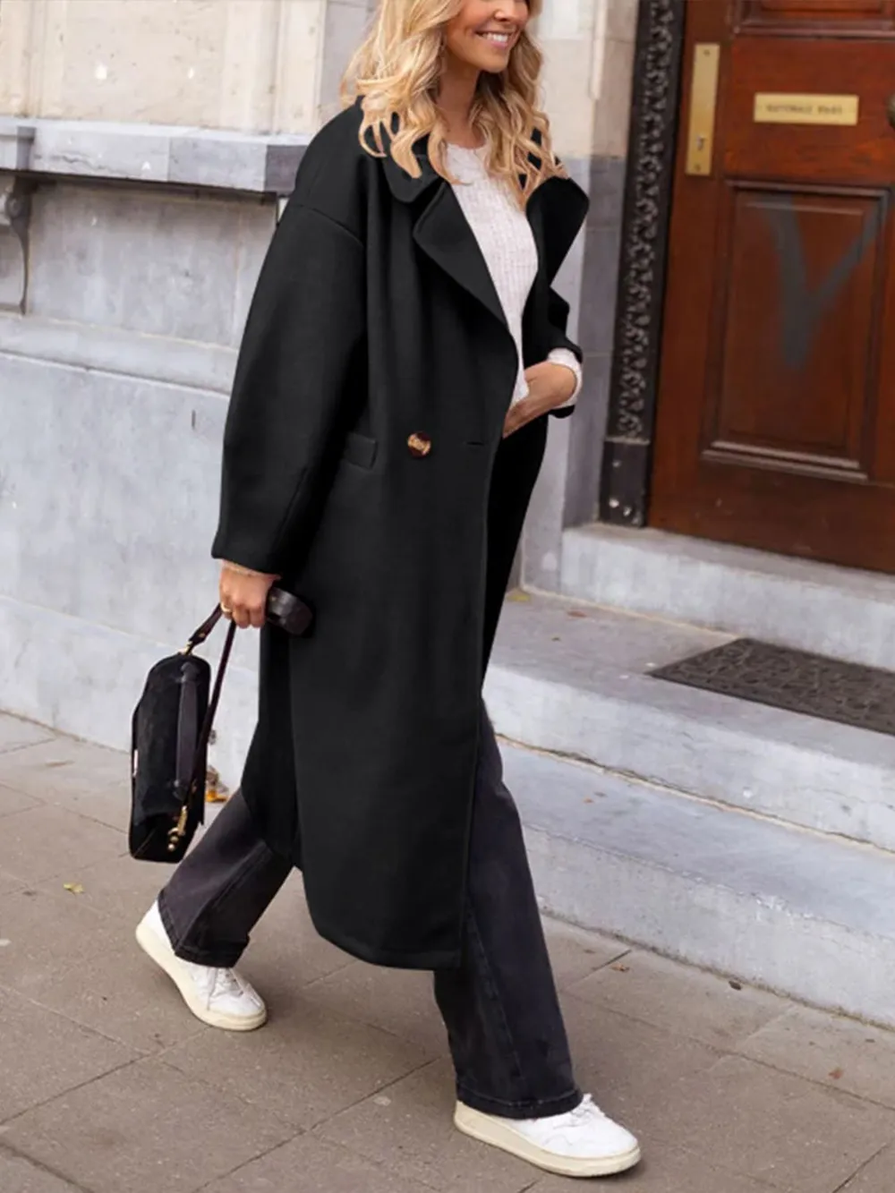 Pocketed Collared Neck Long Sleeve Coat, image 4
