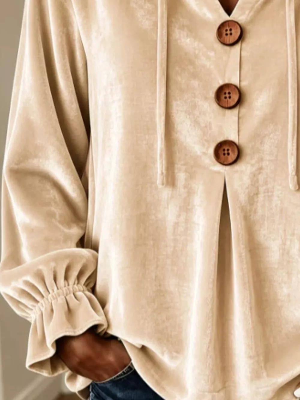 Full Size Decorative Buttons Velvet Hoodie Plus Size, image 3
