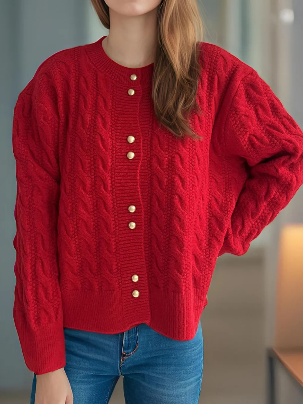 Cable-Knit Round Neck Long Sleeve Cardigan, image 15