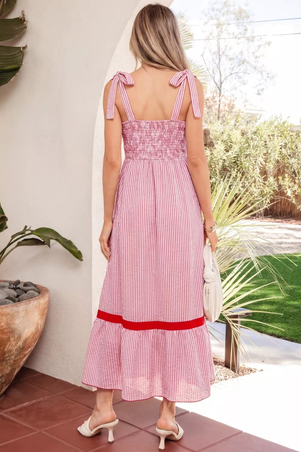 Stripe Bow Knot Straps Contrast Trim High Waist Ruffle Hem Maxi Dress, image 6