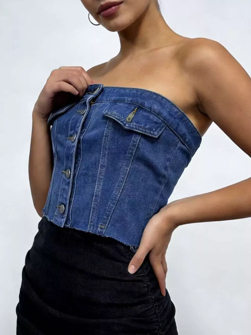 Button Front Denim Tube Top, image 2