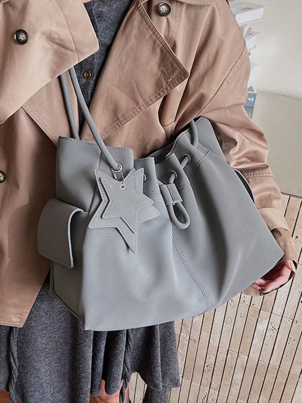 Drawstring Shoulder Bag with Star Charm, image 4