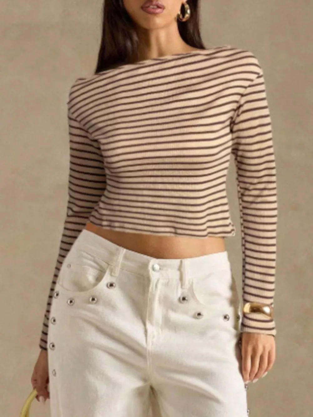 Off-Shoulder Striped Ribbed Long Sleeve T-Shirt, image 13