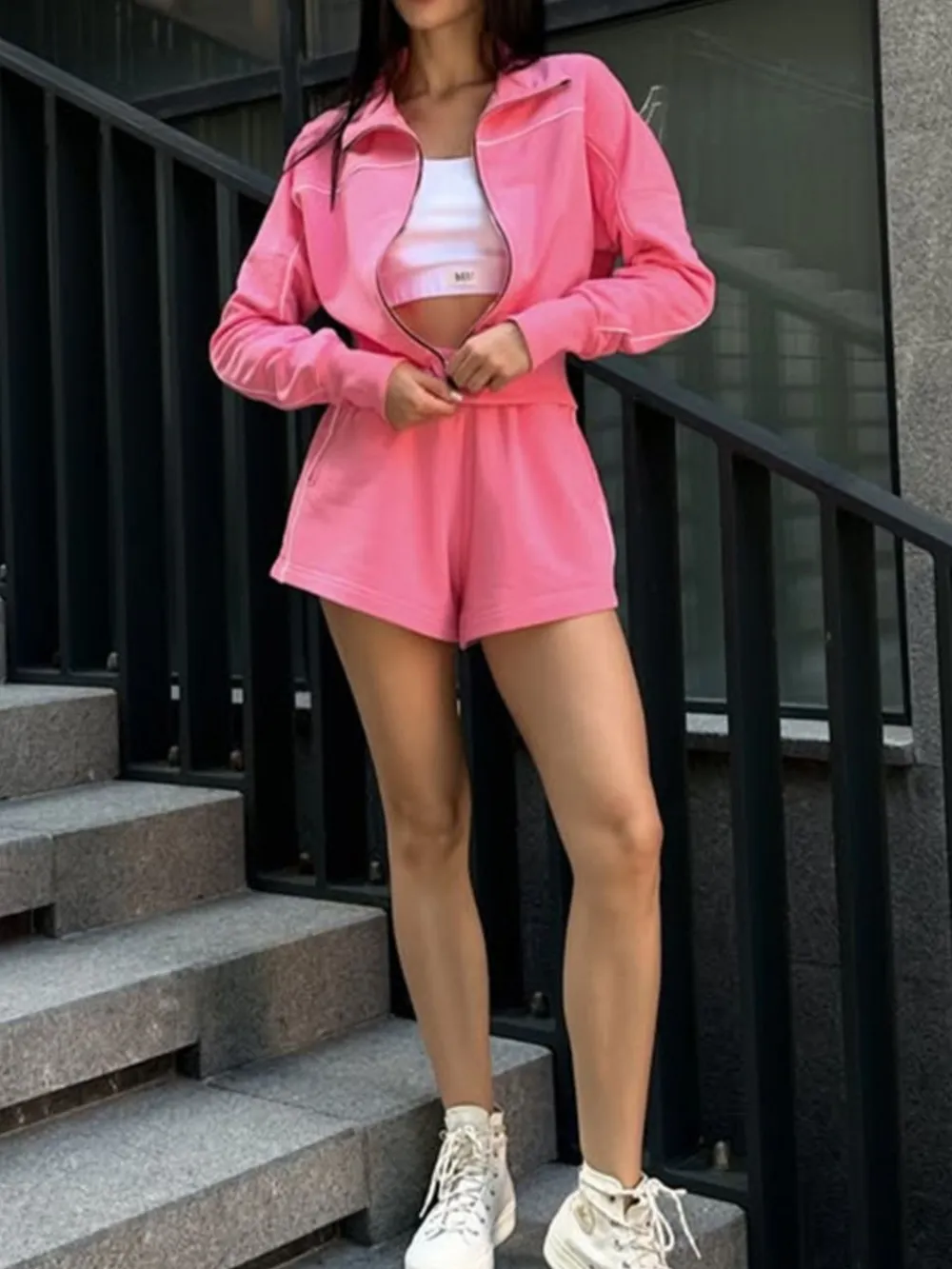 Zip Up Long Sleeve Top and Shorts Set, image 5