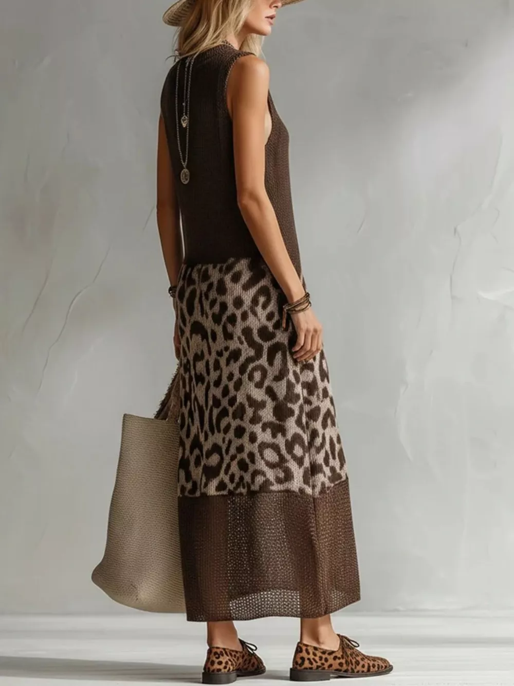 Full Size Sleeveless Color-Block Leopard Sweater Dress Plus Size, image 2