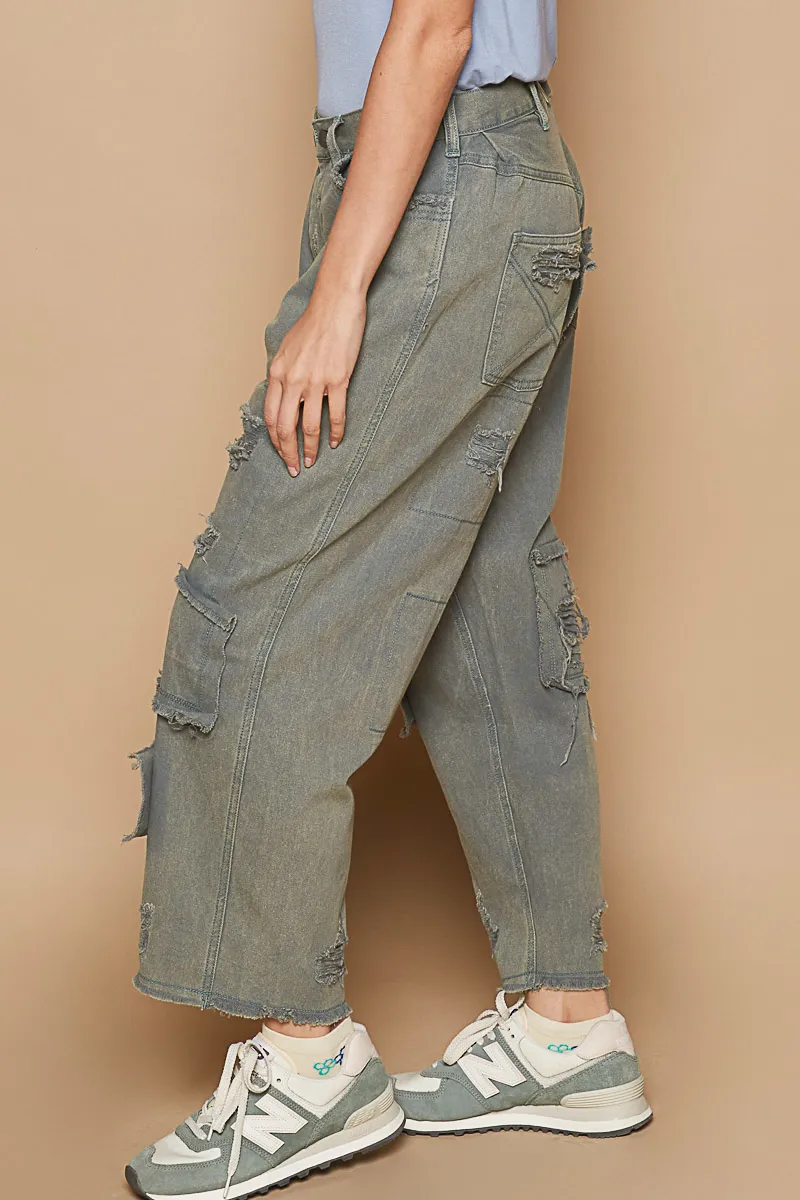 Distressed Raw Hem Wide Leg Pants, image 3