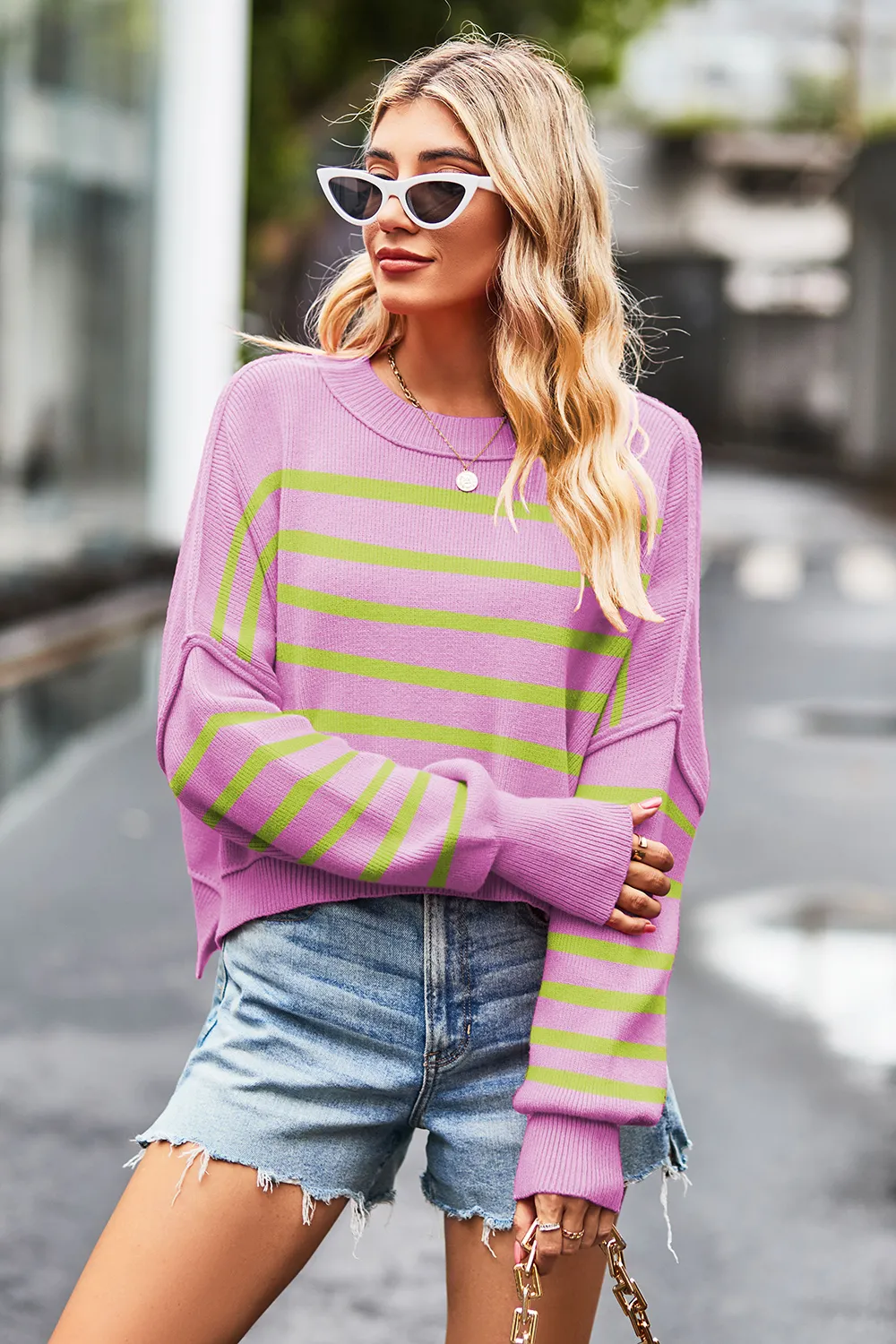 Striped Round Neck Drop Shoulder Slit Sweater, image 10