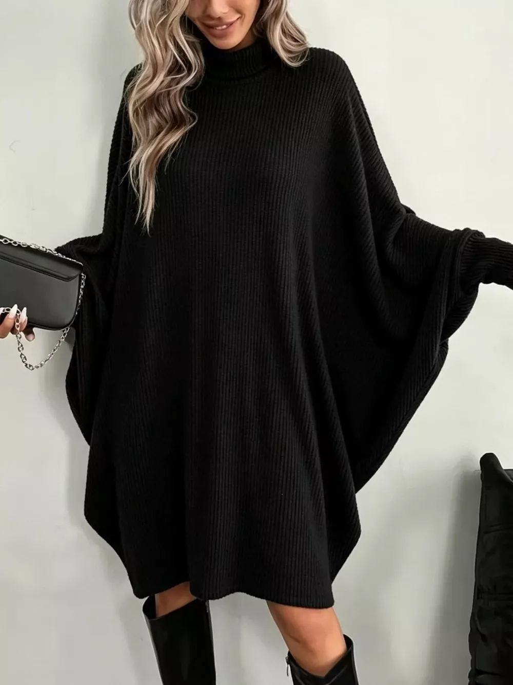 Oversized Batwing Sleeve Ribbed Knit Turtleneck Dress