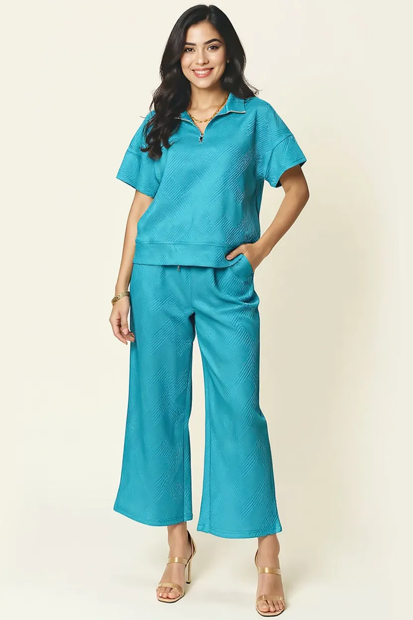 Full Size Texture Half Zip Short Sleeve Top and Pants Set, image 30