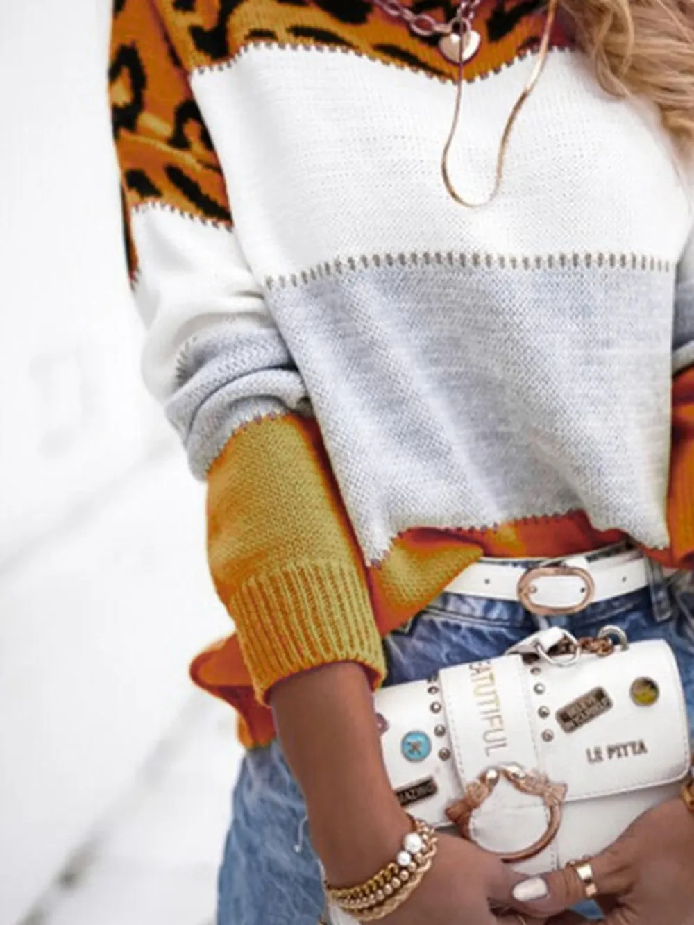 Leopard Color Block Round Neck Long Sleeve Sweater, image 12