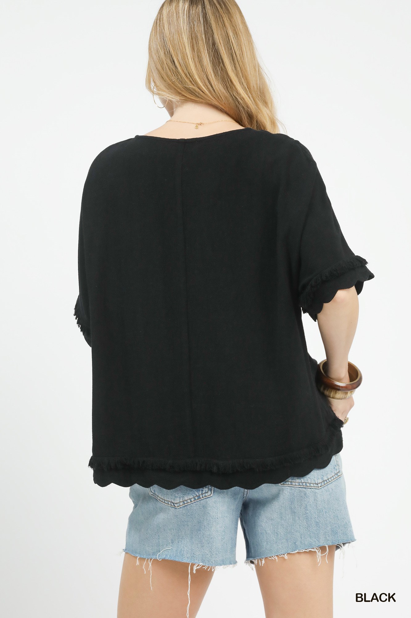 Linen Frayed Hem Scallop Edge Top, image 4