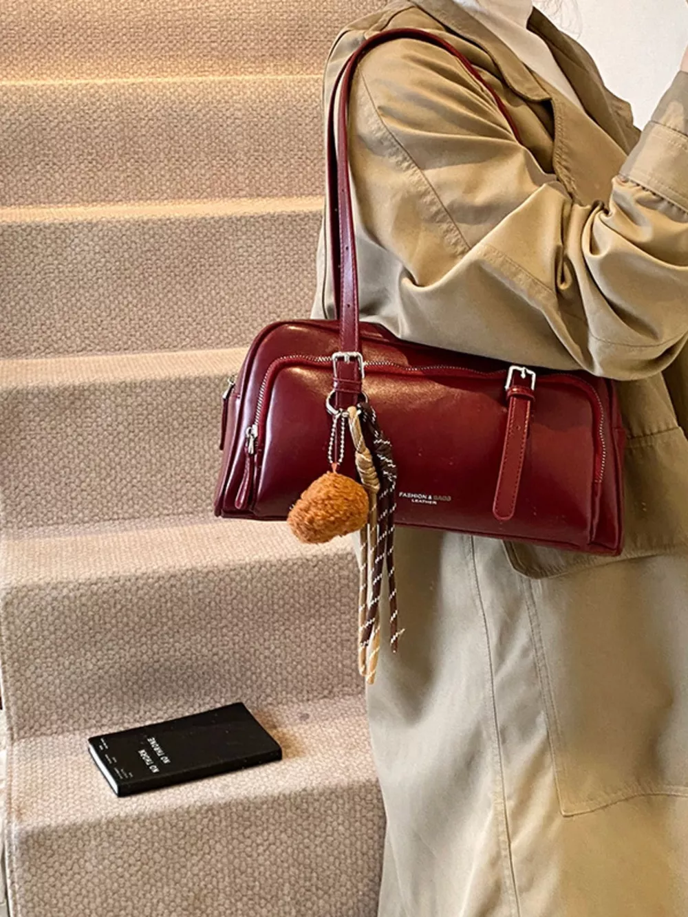 Vintage Style Leather Shoulder Bag with Charm, image 7