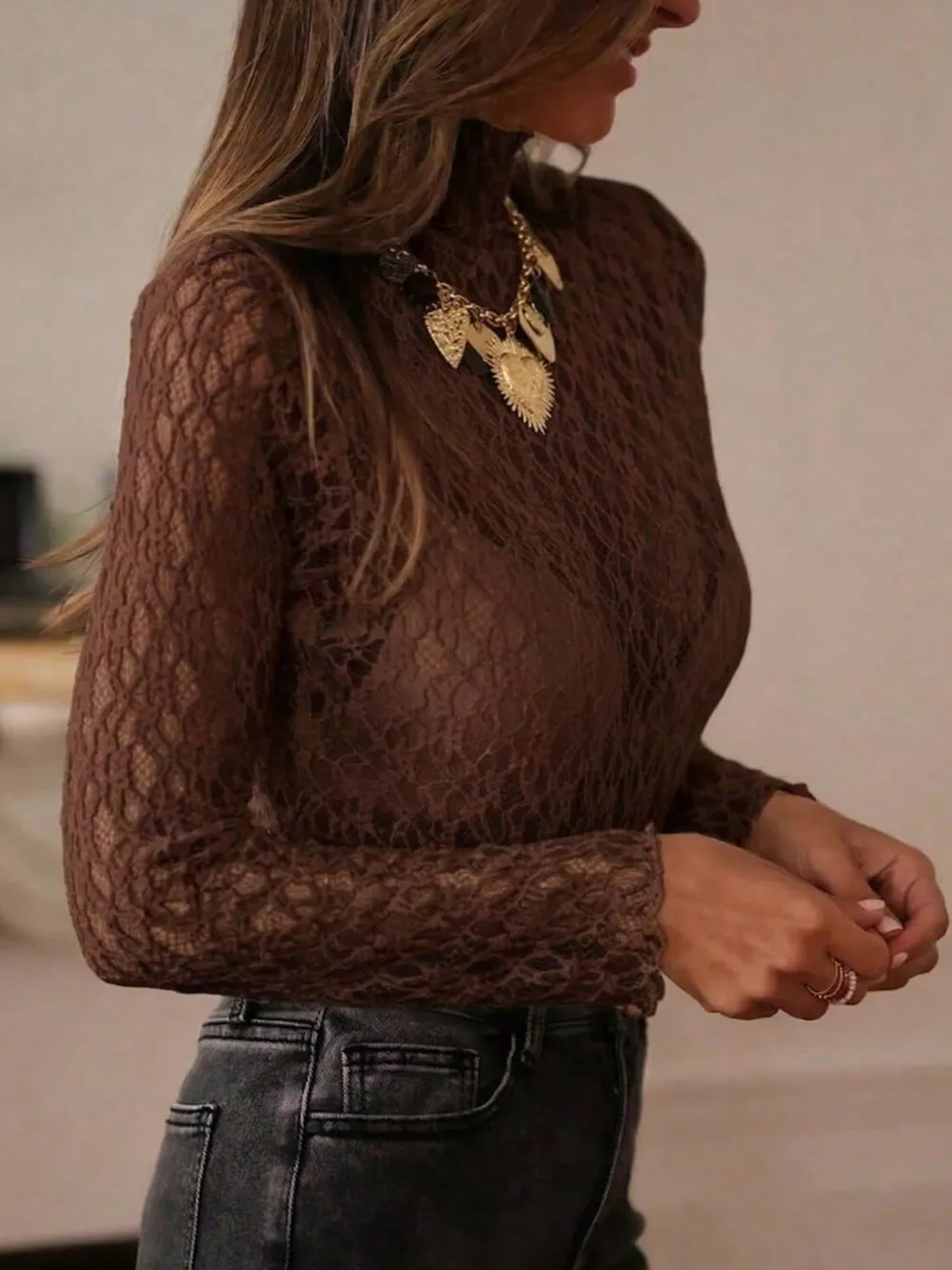 Mock Neck Sheer Lace Long Sleeve Top, image 16