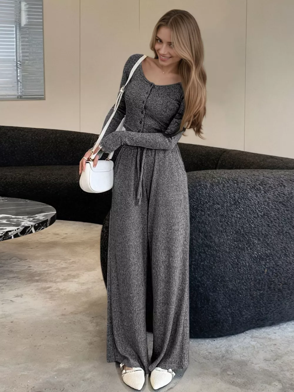 Casual Knit Long Sleeve Top and Wide Leg Pants Set, image 8