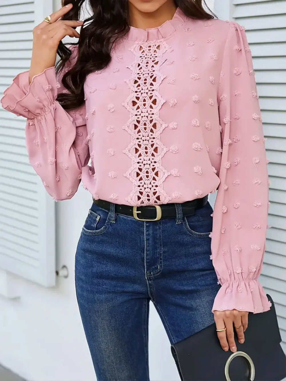 Swiss Dot Mock Neck Flounce Sleeve Blouse, image 3