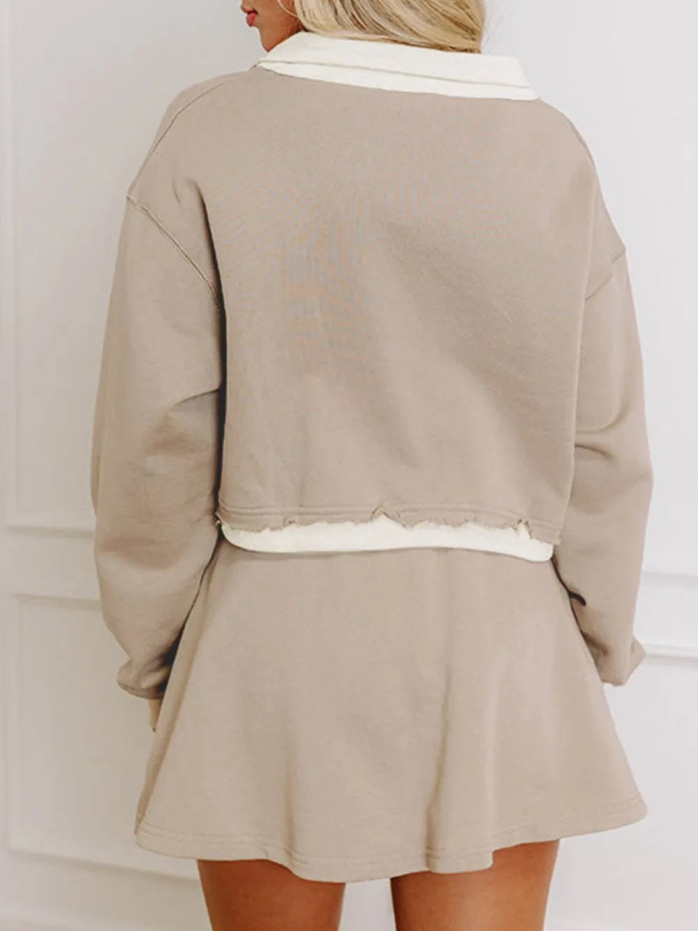 Contrast Collared Neck Top and Drawstring Mini Skirt Set, image 7