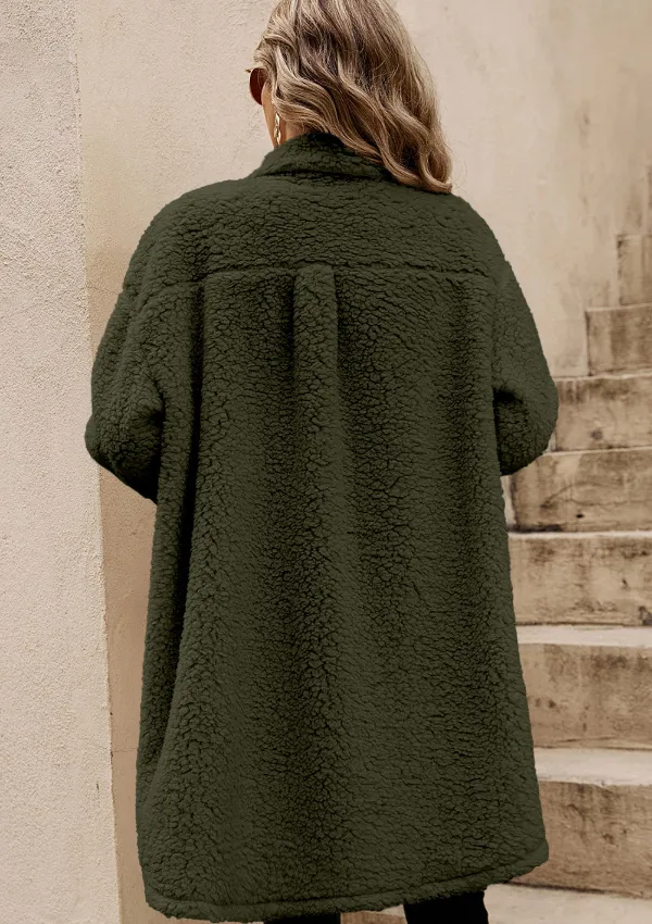 Collared Neck Long Sleeve Longline Teddy Jacket, image 19