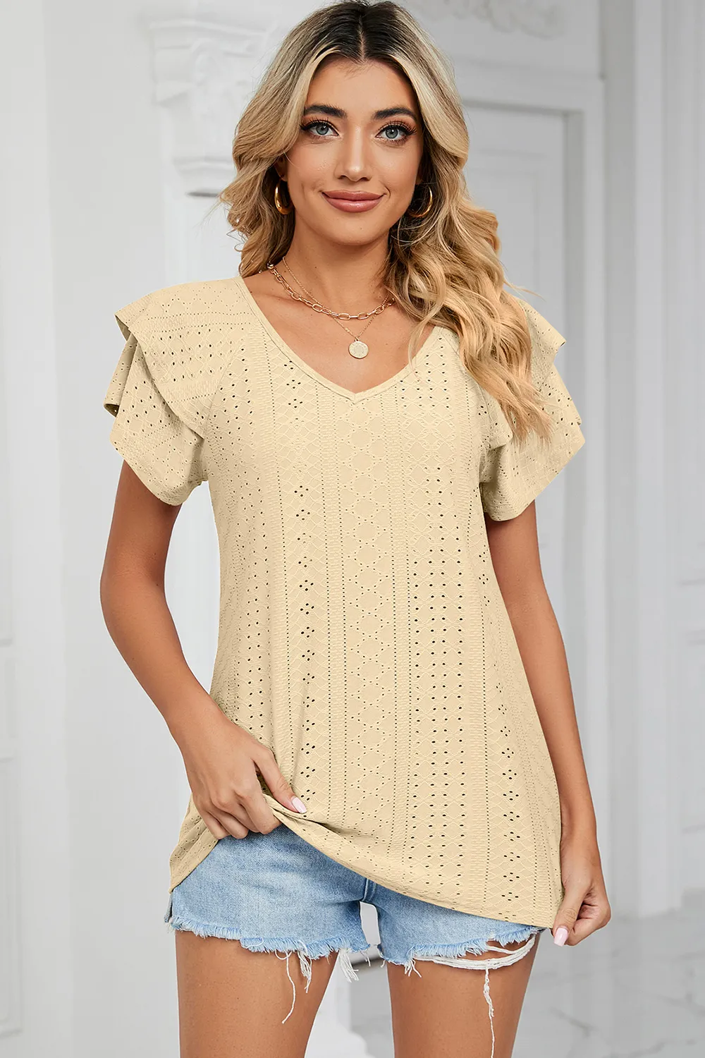 Eyelet V-Neck Short Sleeve T-Shirt, image 13