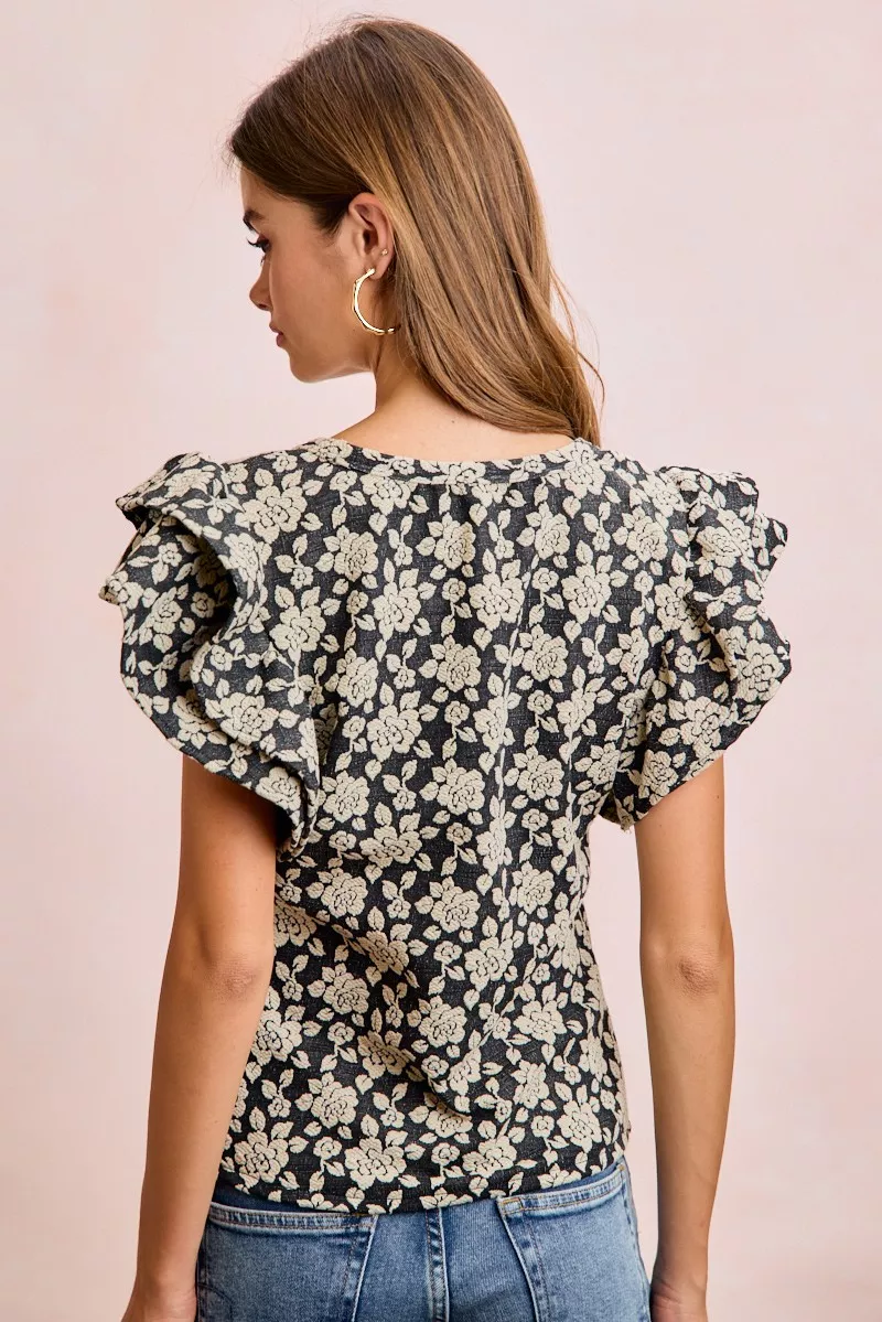 BiBi Floral Jacquard Ruffle Sleeves Knit Top, image 3