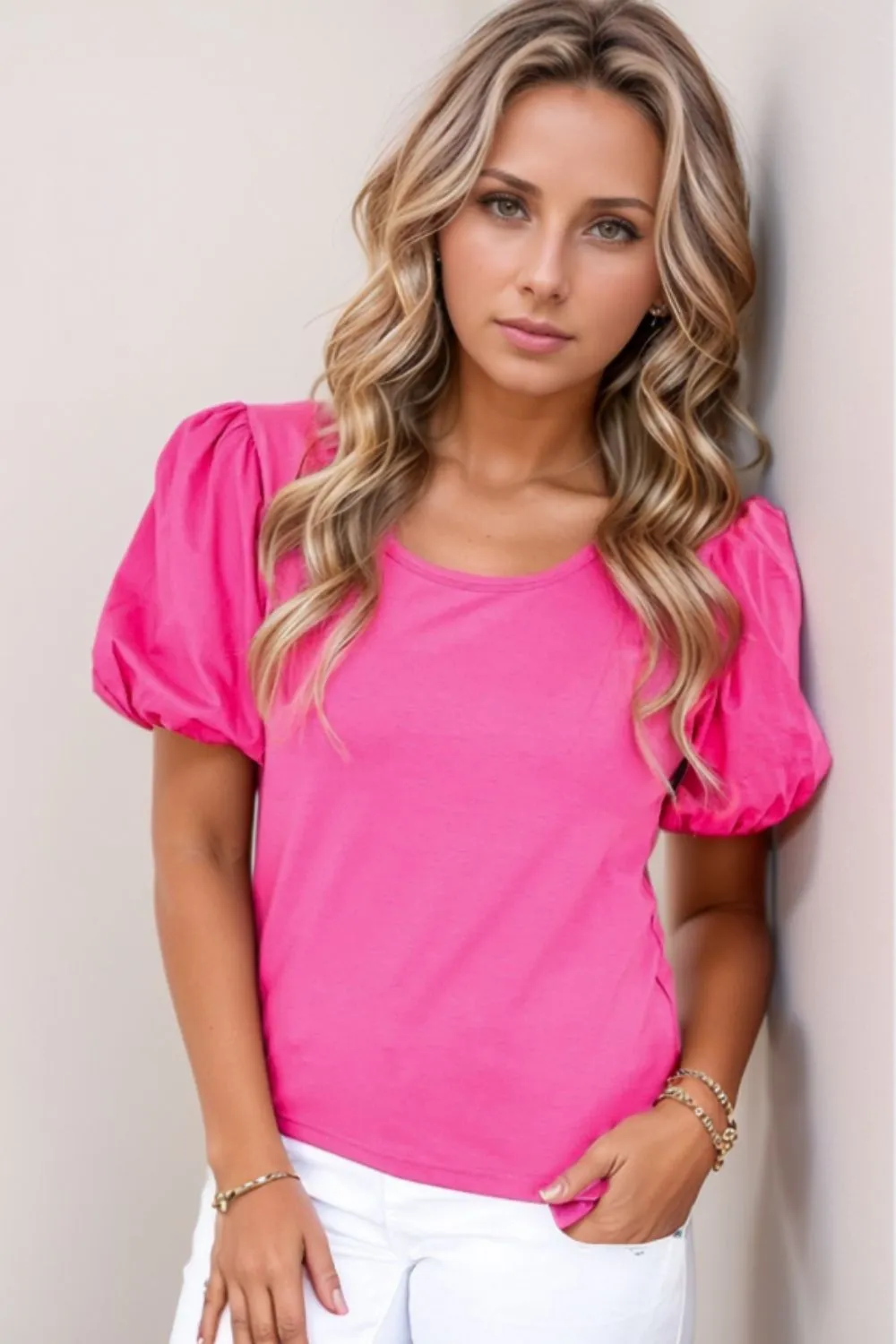 Casual Round Neck Bubble Sleeve T-Shirt, image 8