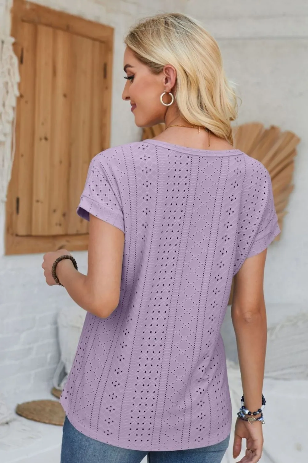 Eyelet Round Neck Rolled Short Sleeve T-Shirt, image 34