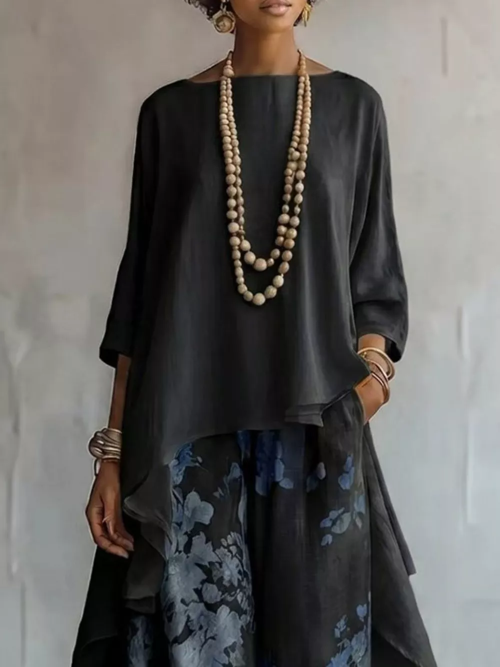 Asymmetrical Hem Top and Floral Pants Set, image 4