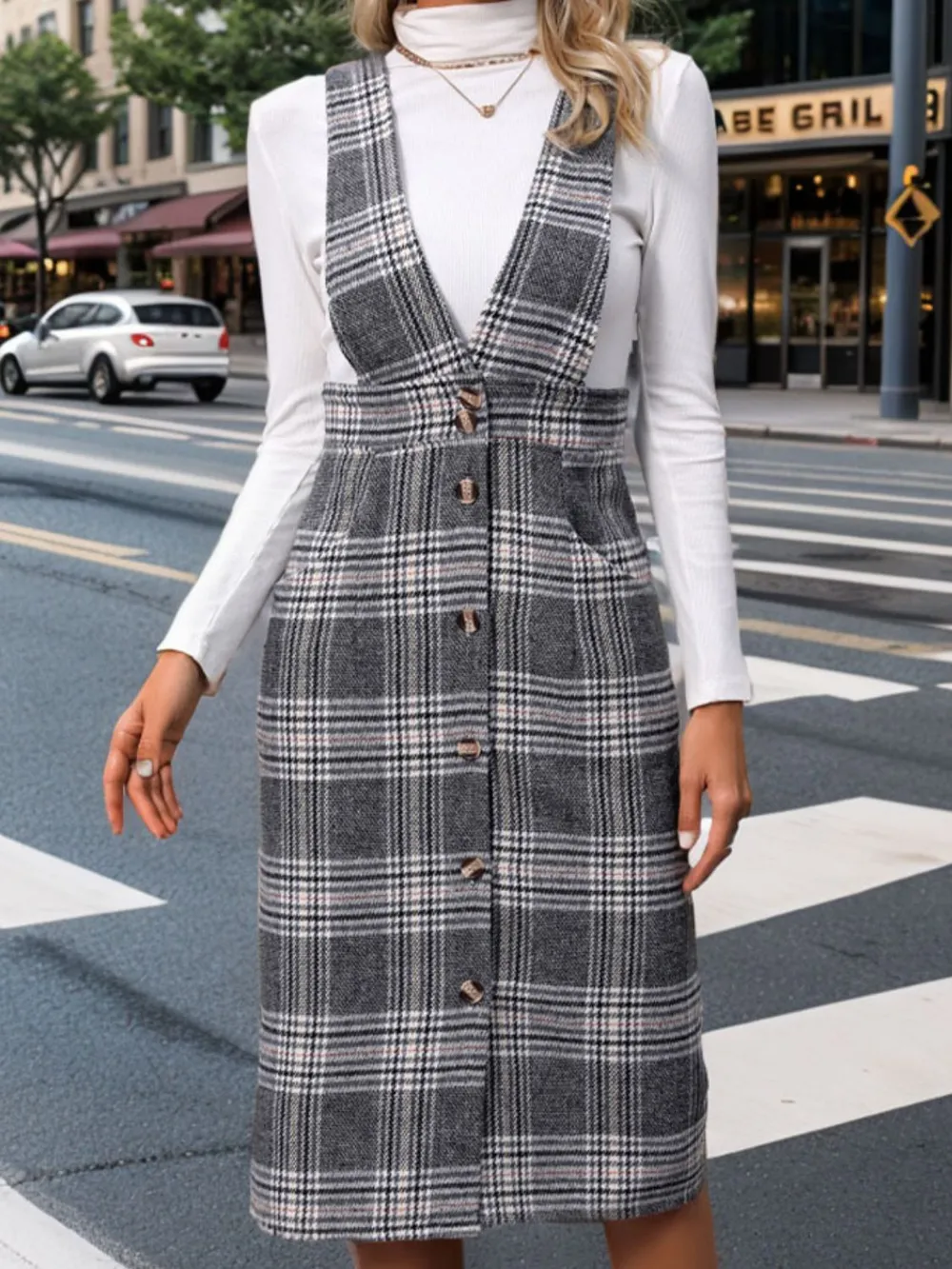 Pocketed Plaid Overall Dress, image 5