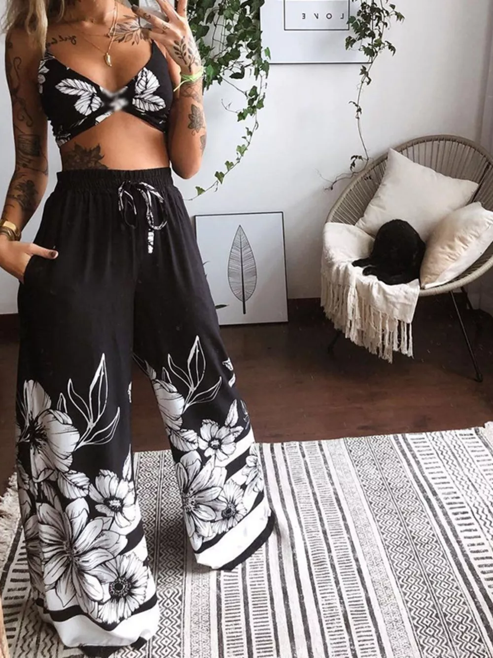 Boho Butterfly Print Top and Pants Set, image 9