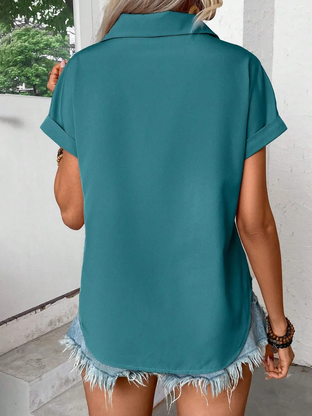 Pleated Detail Collared Neck Short Sleeve Shirt, image 28
