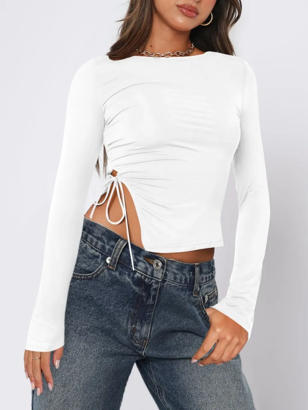 Tied Slit Round Neck Long Sleeve T-Shirt, image 5