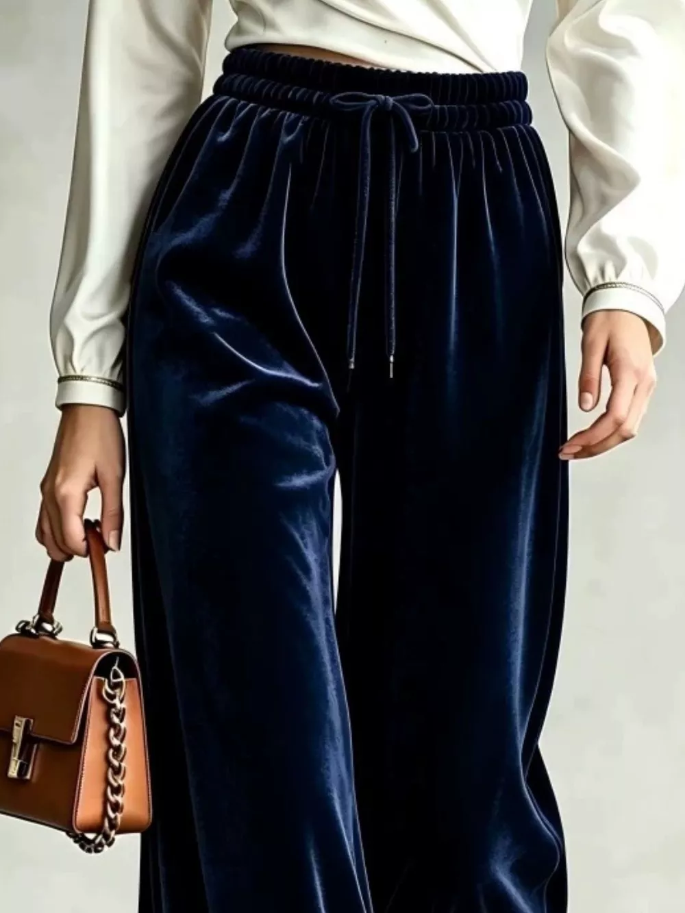 Velvet Wide-Leg Pants with Drawstring, image 12