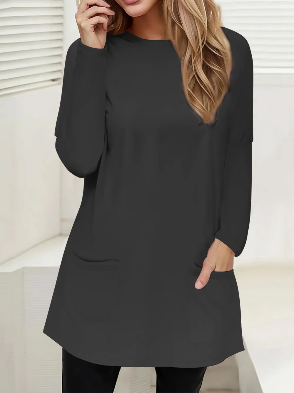 Full Size Pocketed Round Neck Long Sleeve T-Shirt, image 10