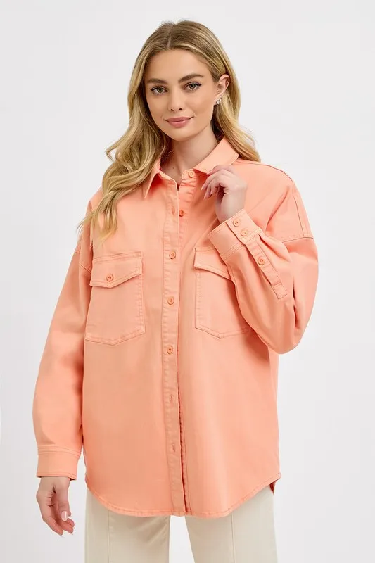 Full Size Button Down Long Sleeve Denim Shacket with Chest Pockets Plus Size, image 4