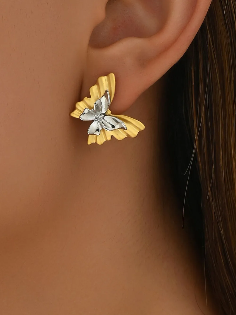 Two-Tone Stainless Steel Butterfly Earrings, image 2