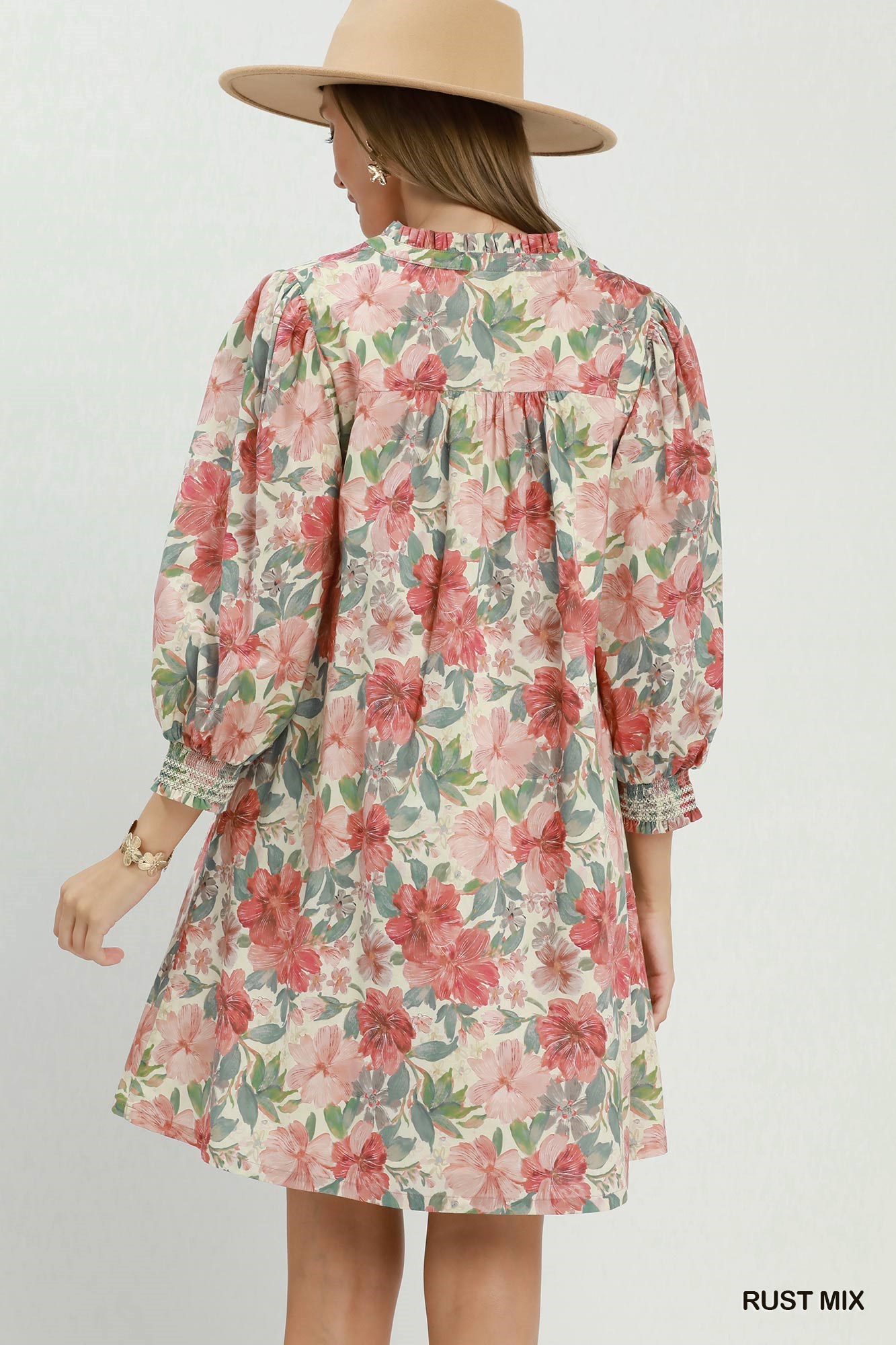 Mix Floral Print Smocked Cuff Mini Dress, image 3