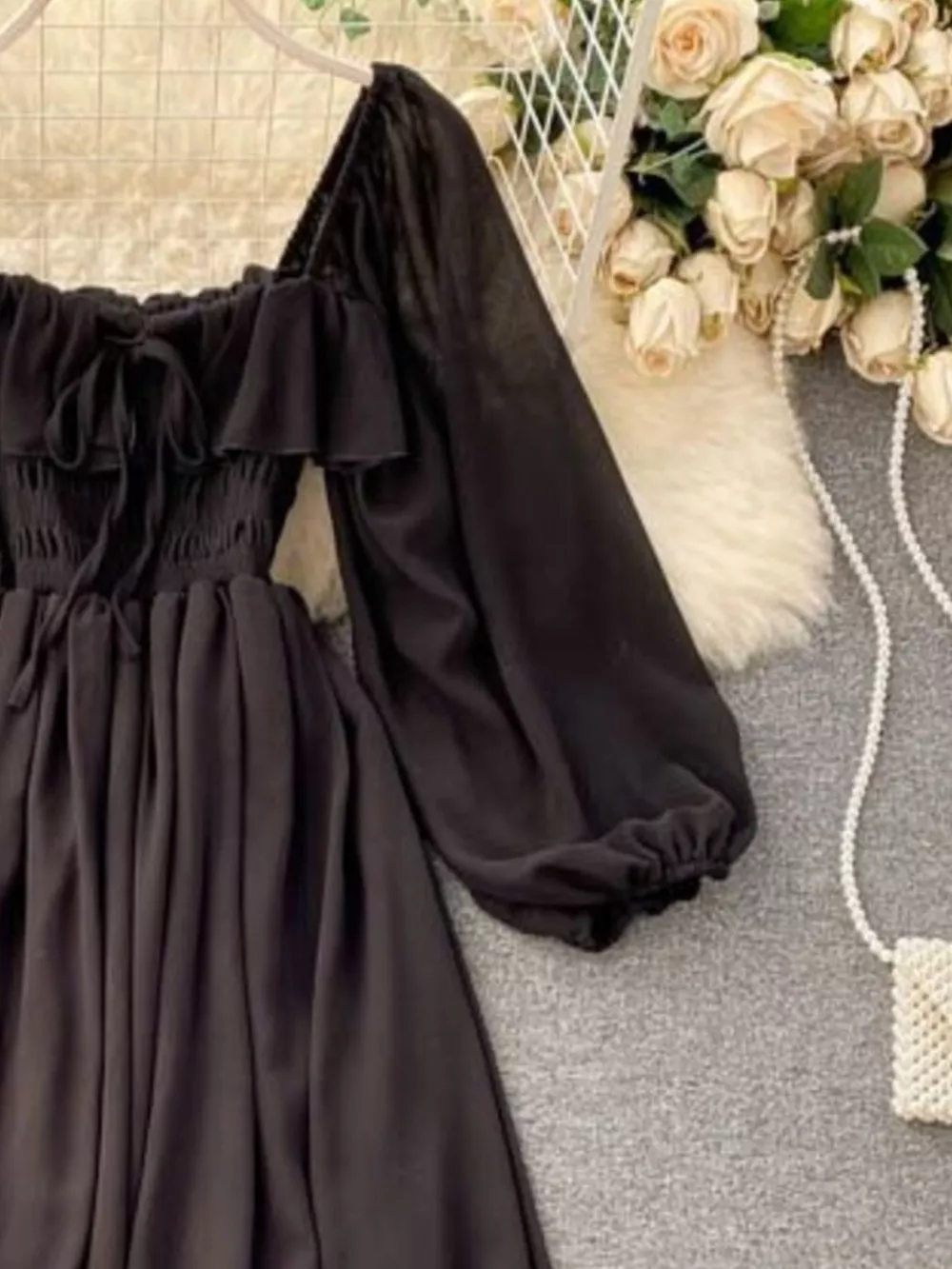 Ruffle Square Neck Balloon Sleeve A-Line Dress, image 12