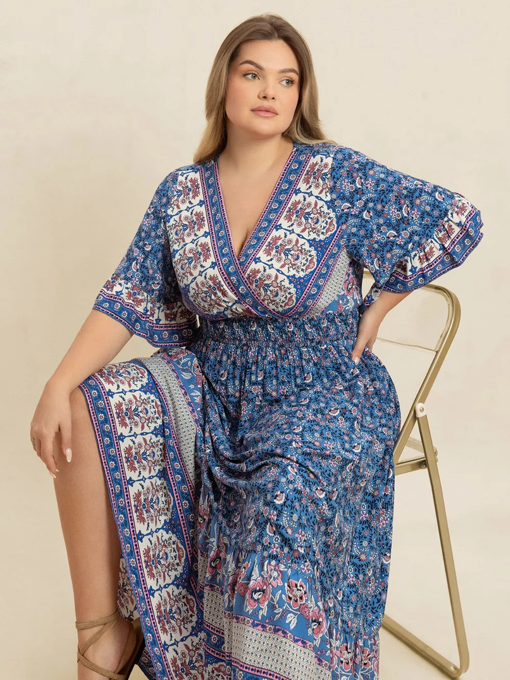 Plus Size Printed Surplice Half Sleeve Dress, image 9